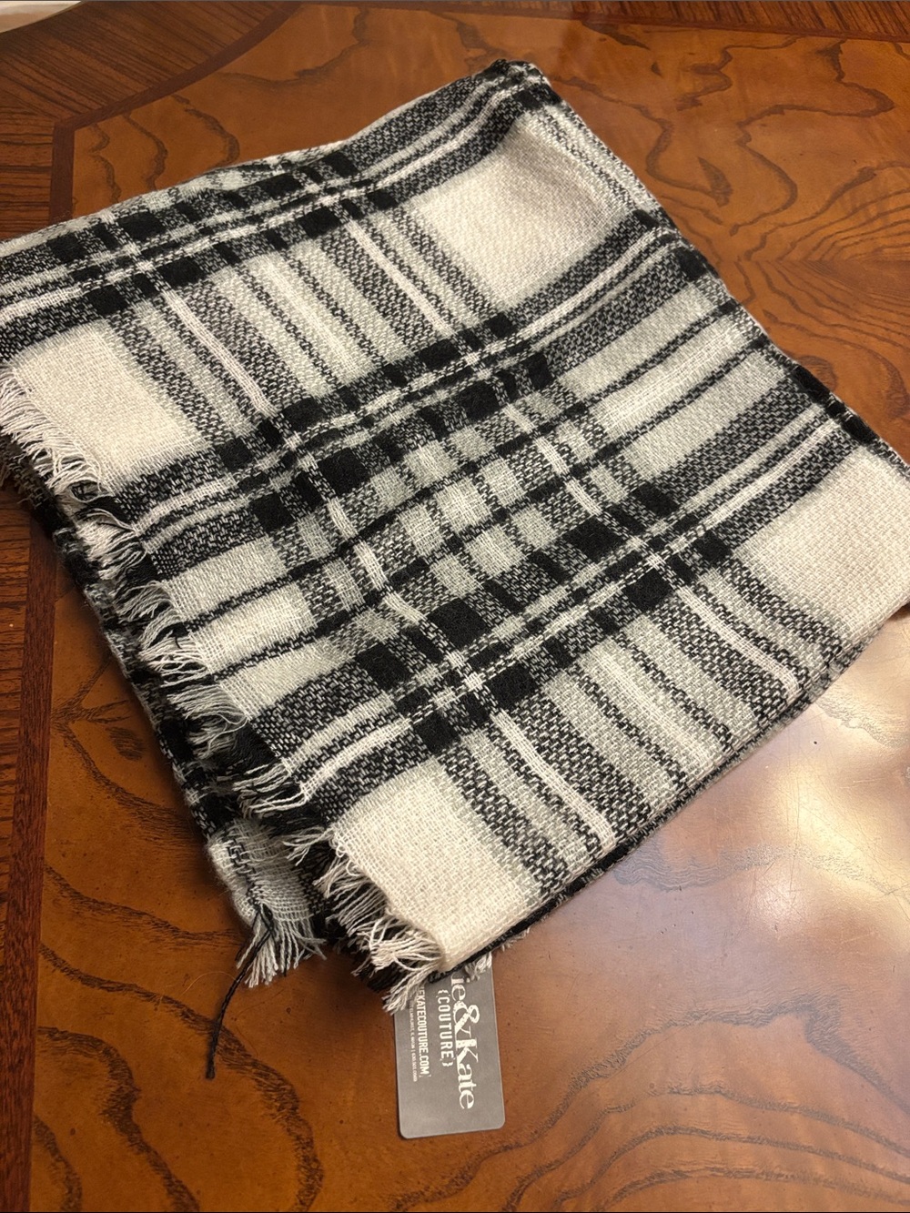 Kix & Kate Black White Gray Plaid Fringe Scarf Square 55” x 55”